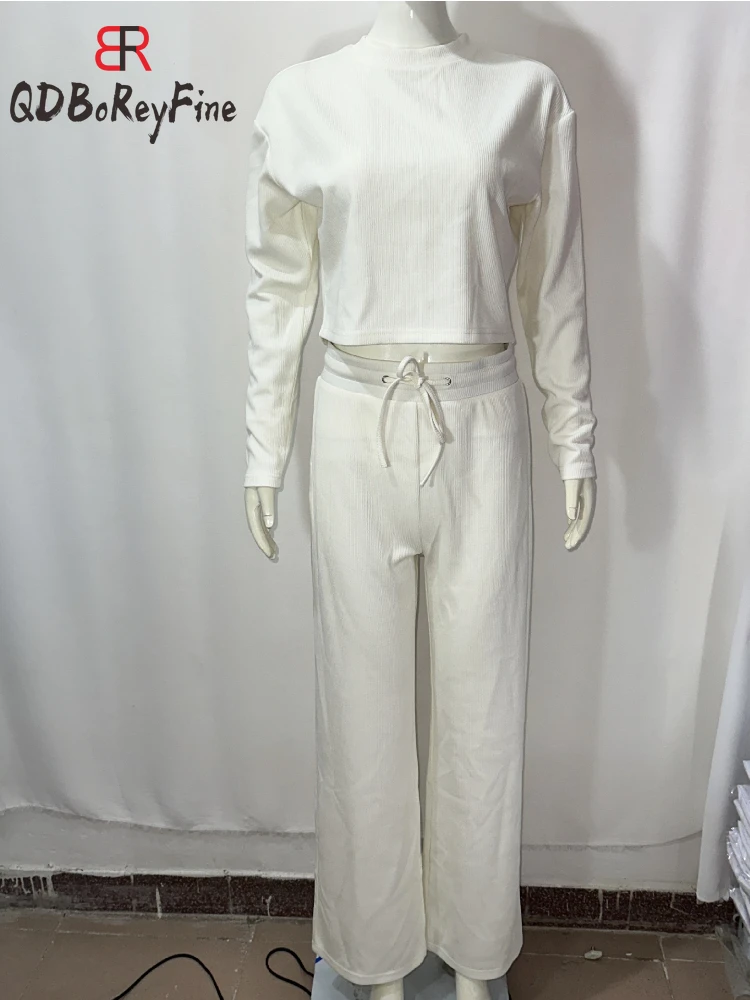 Весенний женский спортивный костюм топ в рубчик с длинным рукавом и брюки