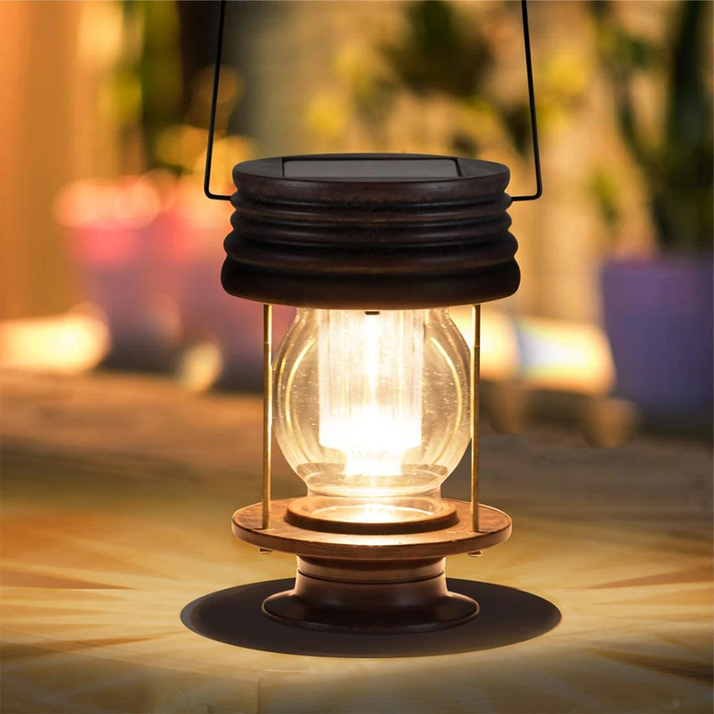 Retro LED Solar Lantern Waterproof Table Lamp Hanging Light With Handle For Outdoor Pathway Yard Patio Tree Decor