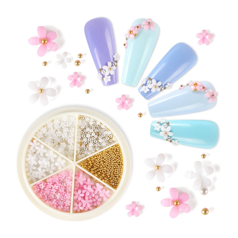 

6 ячеек 3D акриловый цветок украшение для ногтей розовое Белое золото смешанного размера очаровательные ювелирные изделия бусины DIY материалы для ногтей для профессионалов