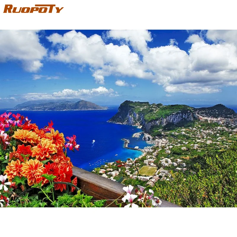 

RUOPOTY Coastal Landscape Paint By Numbers Kits For Adults Children Hand Painted Diy Framed On Canvas Wall Artcraft Home Decor