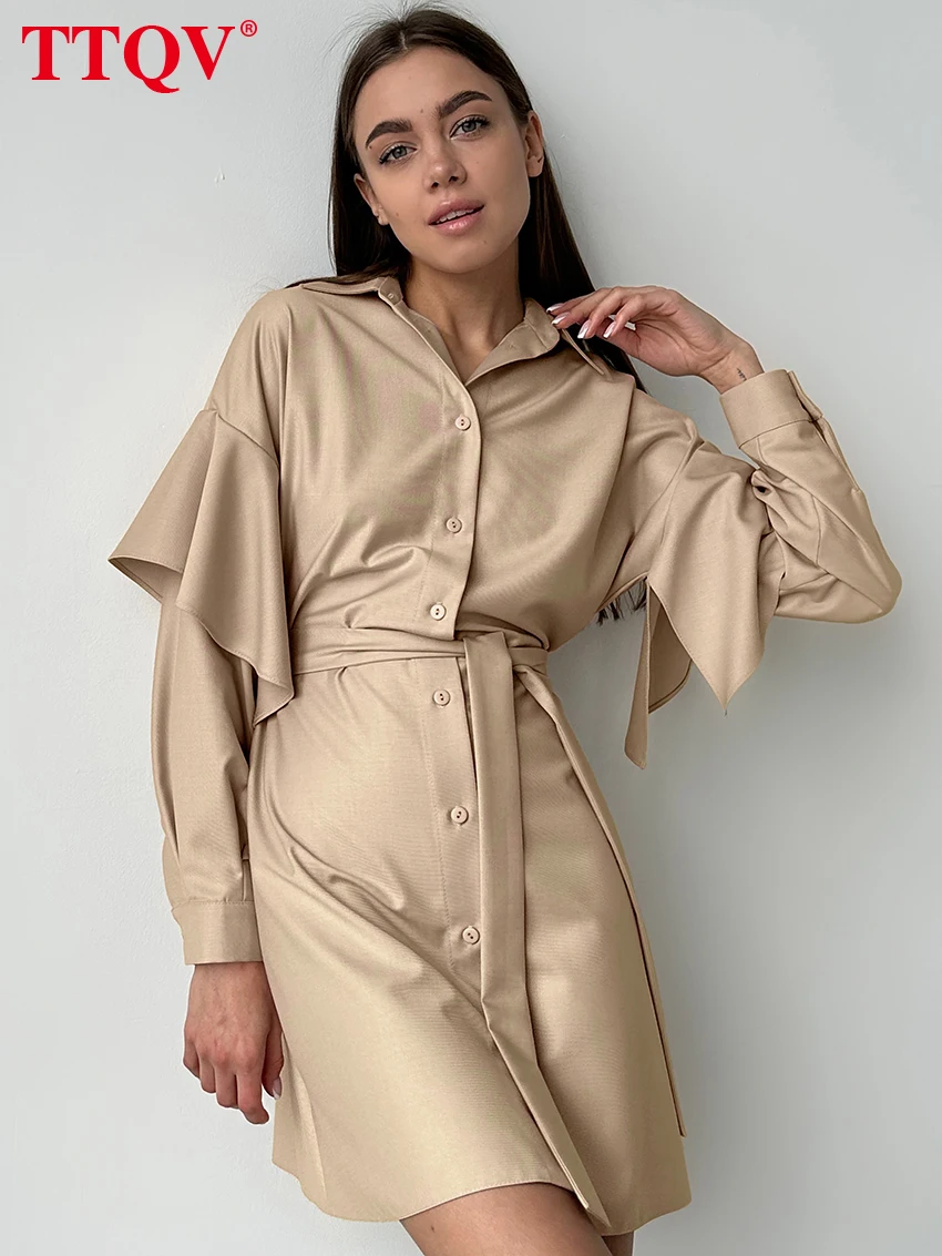 

TTQV модное платье цвета хаки для женщин осень 2023 мини-платья на шнуровке с длинным рукавом Элегантное однобортное прямое платье