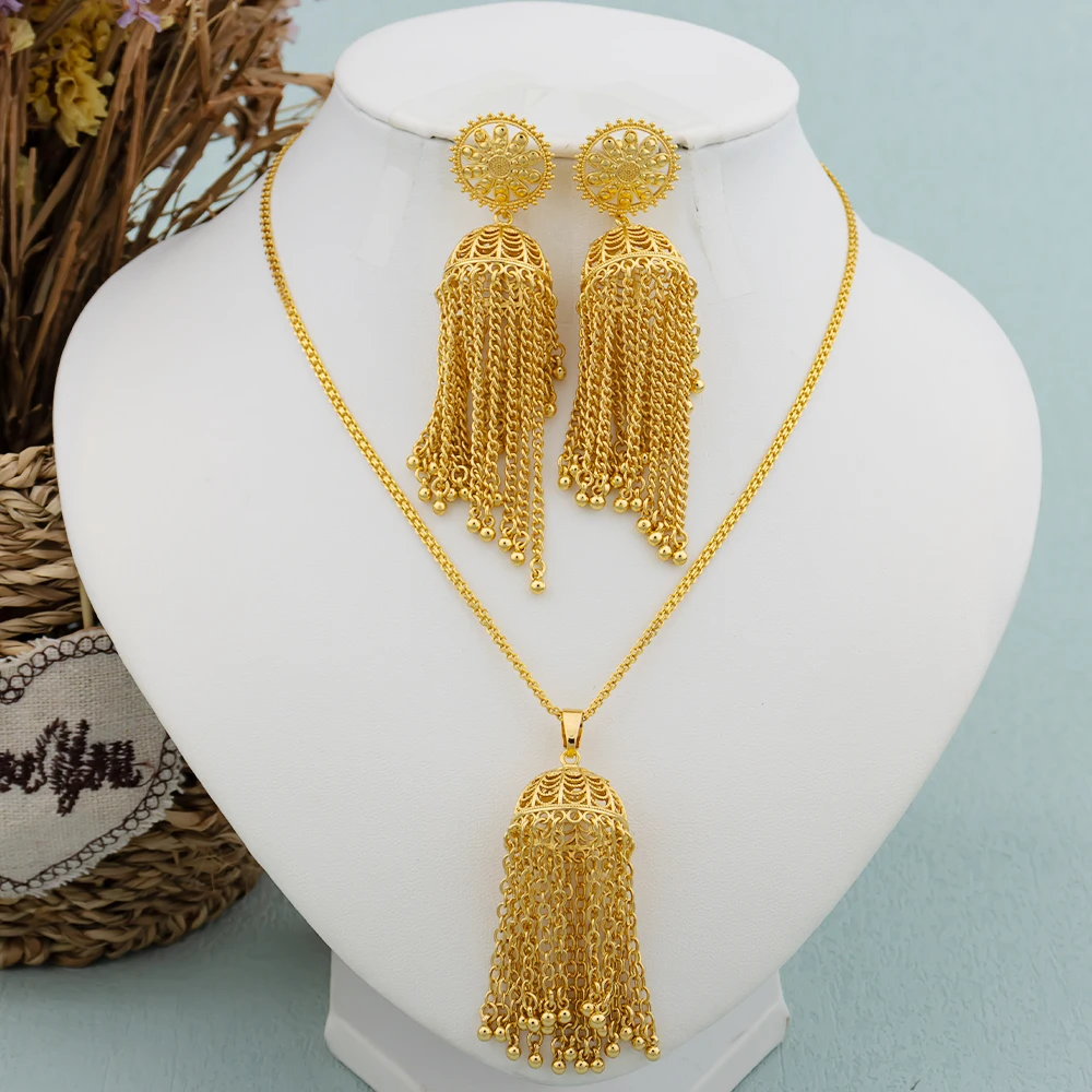 

Dubai Jewelry Sets for Women Girl Italian Necklace Long Tassel Earrings Fashion Gold Color Bohemian Luxury Wedding Party Gift