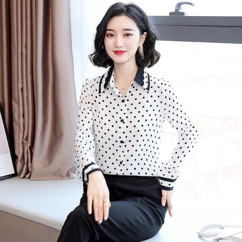 

Блузка женская шифоновая в горошек, модный топ, рубашка-поло с коротким рукавом, повседневная одежда в Корейском стиле, на лето