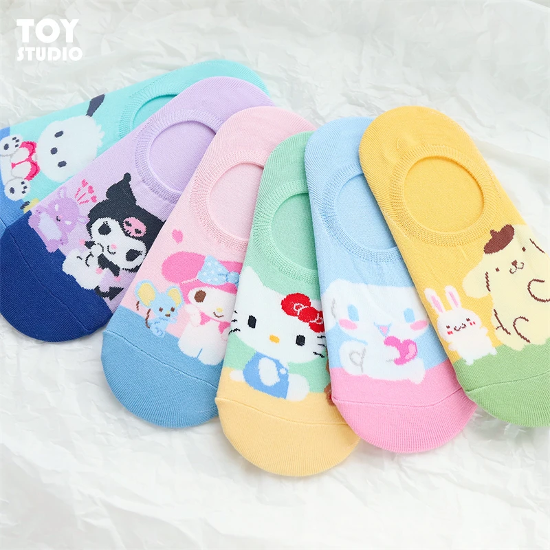

Кавайные нескользящие носки-лодочки Kawaii, невидимые носки Cinnamoroll Mymelody с помпоном Purin, летние дышащие хлопковые носки для девочек