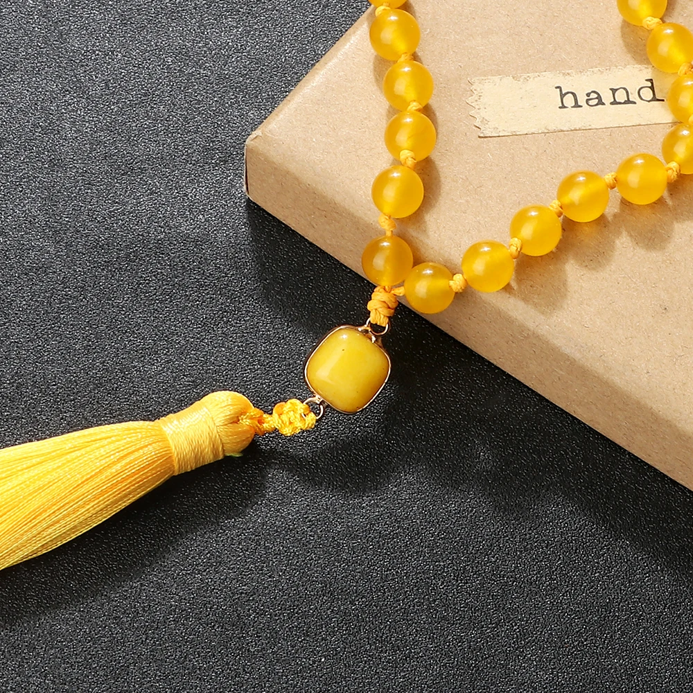 Модные 108 мала натуральный желтый халцедон бусины ожерелья для женщин богемные