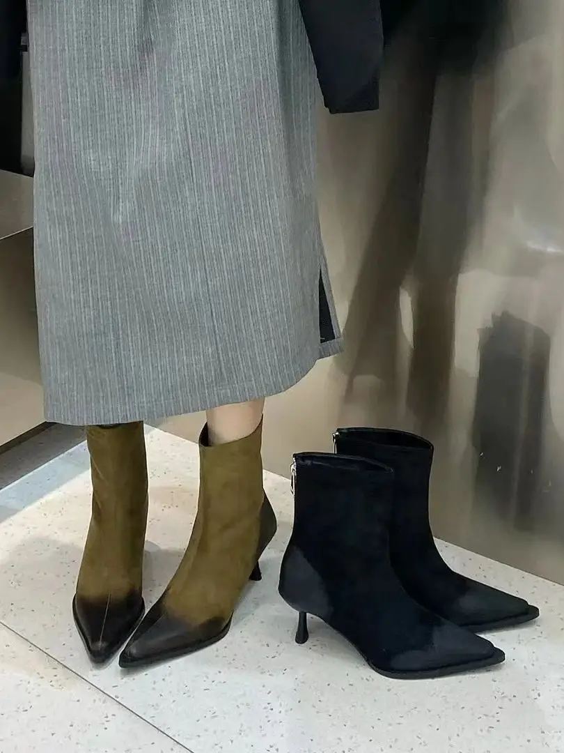 

Женские ботильоны челси, зеленые/черные короткие зимние ботинки на тонком высоком каблуке, на молнии сзади, Размеры 35-39