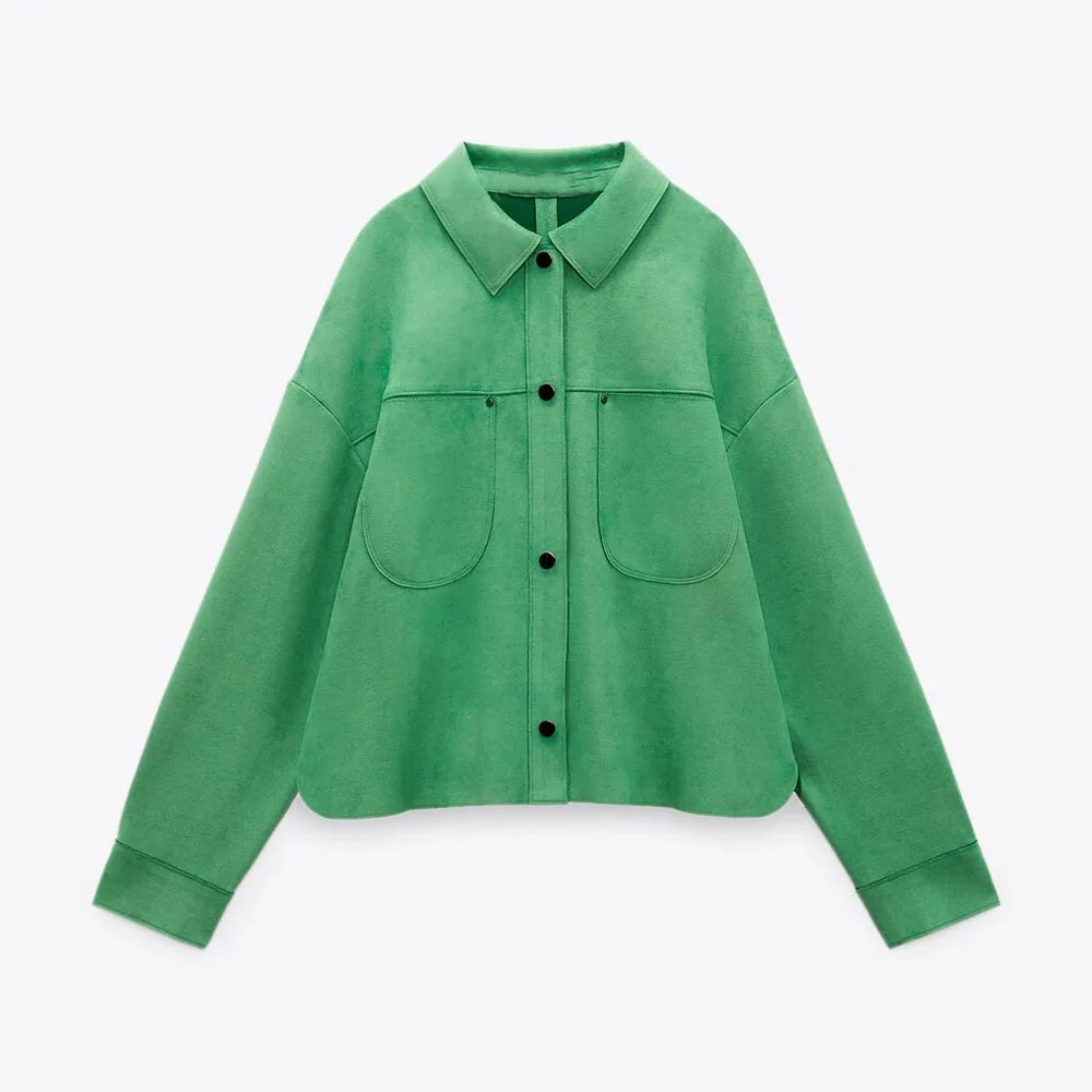 

Women 2023 spring New Fashion Suede texture effect short Jacket Coat Vintage Long Sleeve Female Outerwear Chic Overshirt