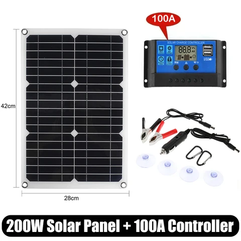 Комплект солнечной панели 200 Вт, 18 в, Солнечная пластина с контроллером 10A-100A, солнечные батареи с двумя USB-портами, внешний аккумулятор для телефона, MP3, RV, автомобиля, кемпинга