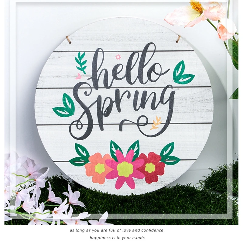 

12 Inches Hello Spring Sign Wooden Easter Front Door Hanger Festival Wall Hanging Plaque Home Garden Decorations B03E