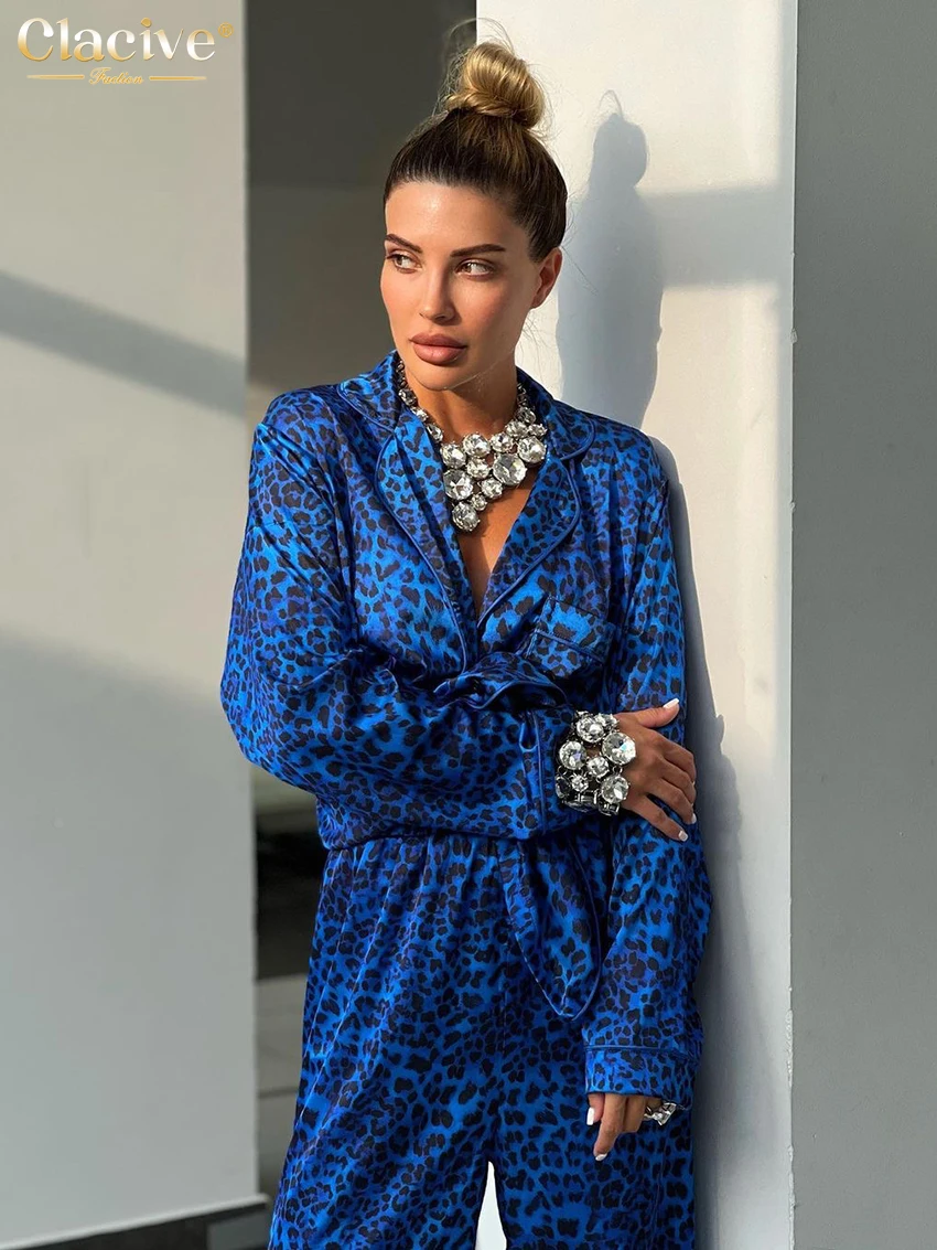 

Clacive Fashion Loose Leopard Print Two Piece Set Women Outfit 2023 Elegant Long Sleeve Tops With High Waist Pants Sets Homewear