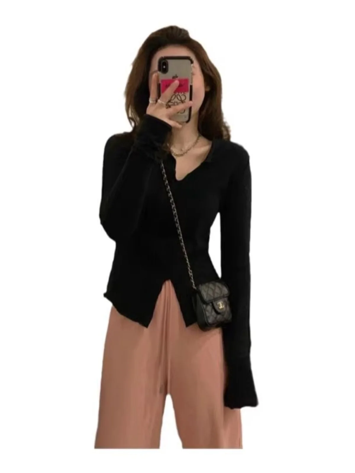 Черная рубашка с длинными рукавами топ женская осень-весна 2024 новая внутренняя