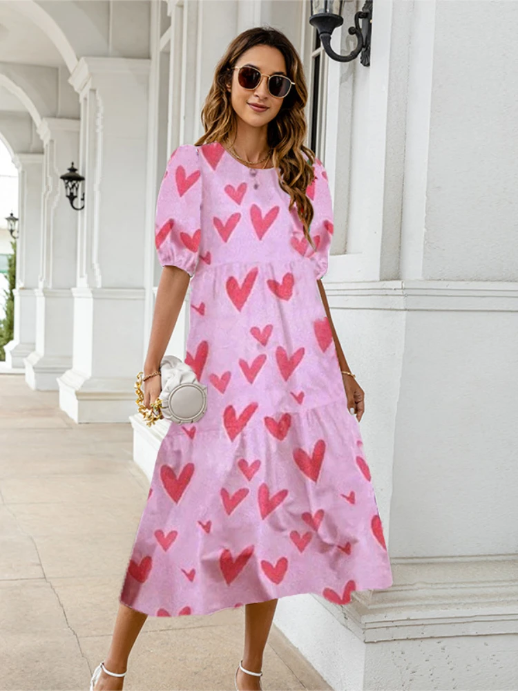 

Summer Dress Robe Women Spring Short Sleeve Vintage Plaid Printed Sundress Loose Pleat Mid-Calf Dresses Lady Vestidos 2022 New