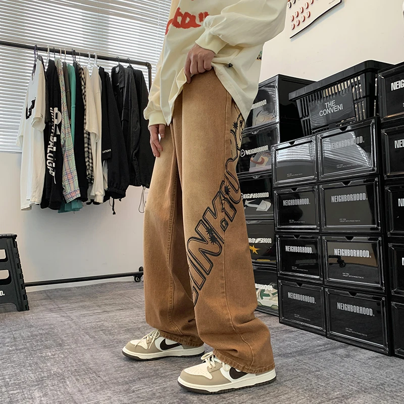 Джинсы мужские в стиле ретро классические брюки из денима прямые штаны с принтом