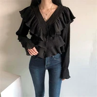 vintage fashion gentle slim womens v neck 2021 pleated t shirt ruffled patchwork high waist fashion flared sleeve top korean