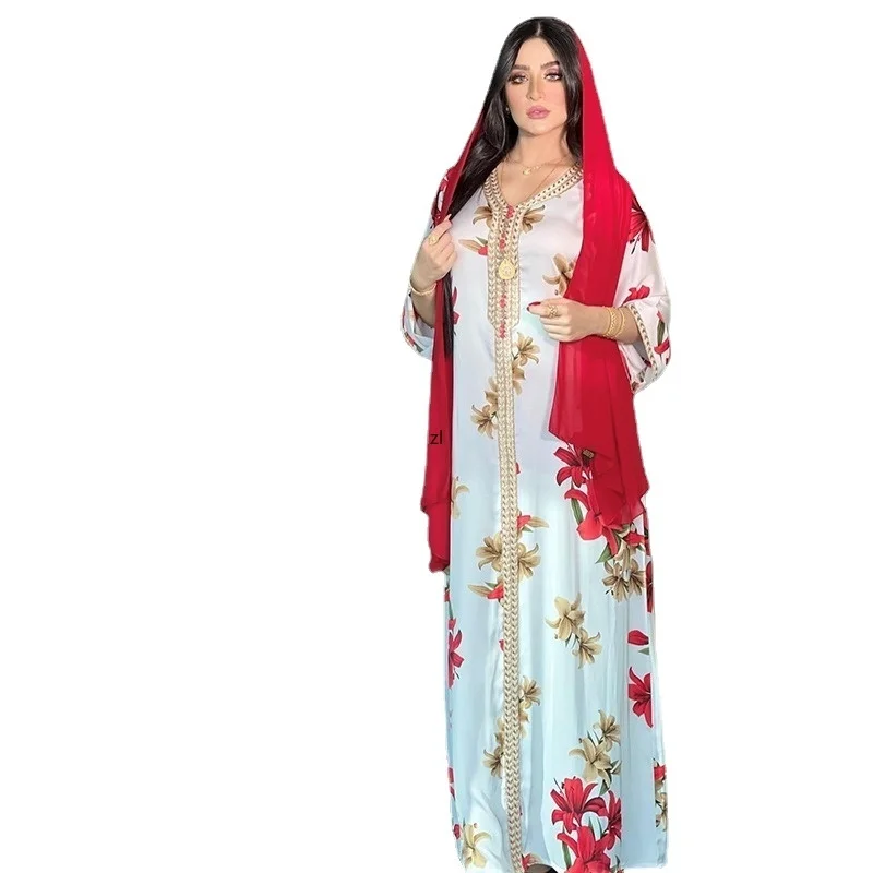 

Ethnic Ribbon V Neck Maxi Dress for Women White Floral Muslim Dubai Turkey Arabic Oman Moroccan Caftan Kuwait Clothes