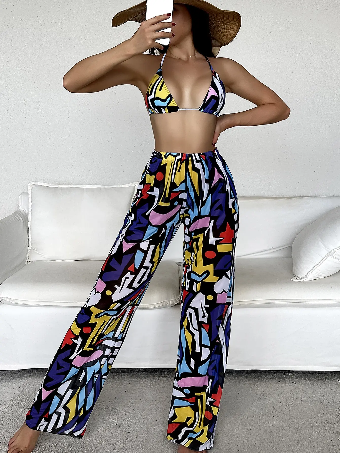 

3pack Graphic Print Halter Bikini Swimsuit & Cover Up Pants Women Swimwear Three Pieces Bikini Set Summer Beach Bathing Suit