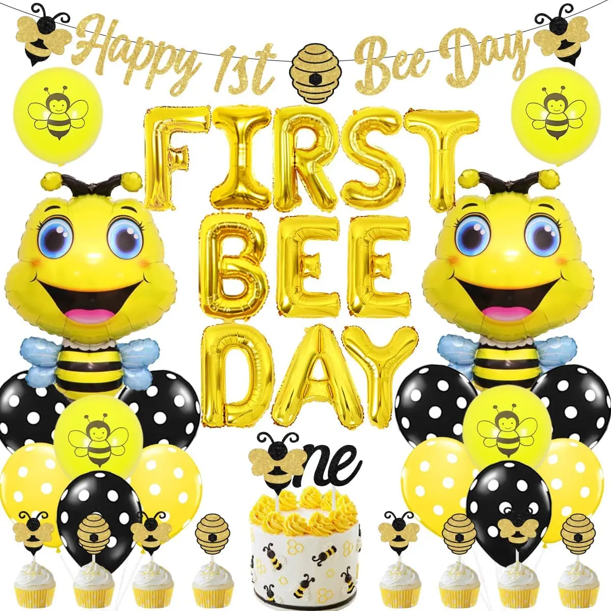 

Bee Foil Balloons for 1st Birthday Party, Bumble Bee, Banner for Kids, Happy 1st Birthday