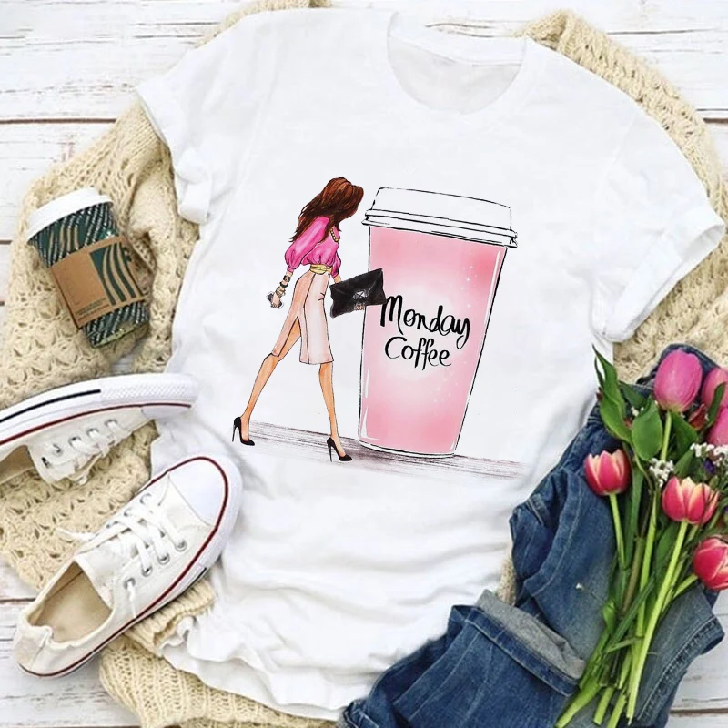 

Women Graphic Coffee Sweet Girl Cartoon Short Sleeve Spring Summer Lady Clothes Tops Clothing Tees Print Female Tshirt T-Shirt