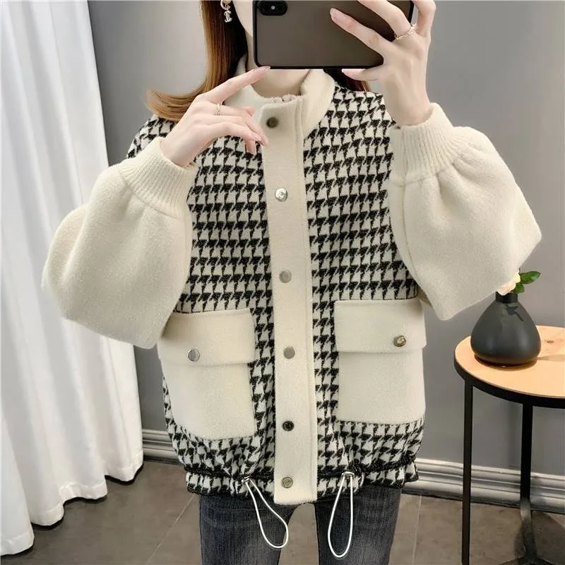 

Casual tweed coat,Short coat for women in autumn , loose fitting thousand bird plaid double-sided knitted cardigan, fashion2023