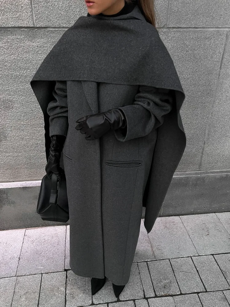 Элегантные шерстяные пальто большого размера с воротником-шарфом и карманами