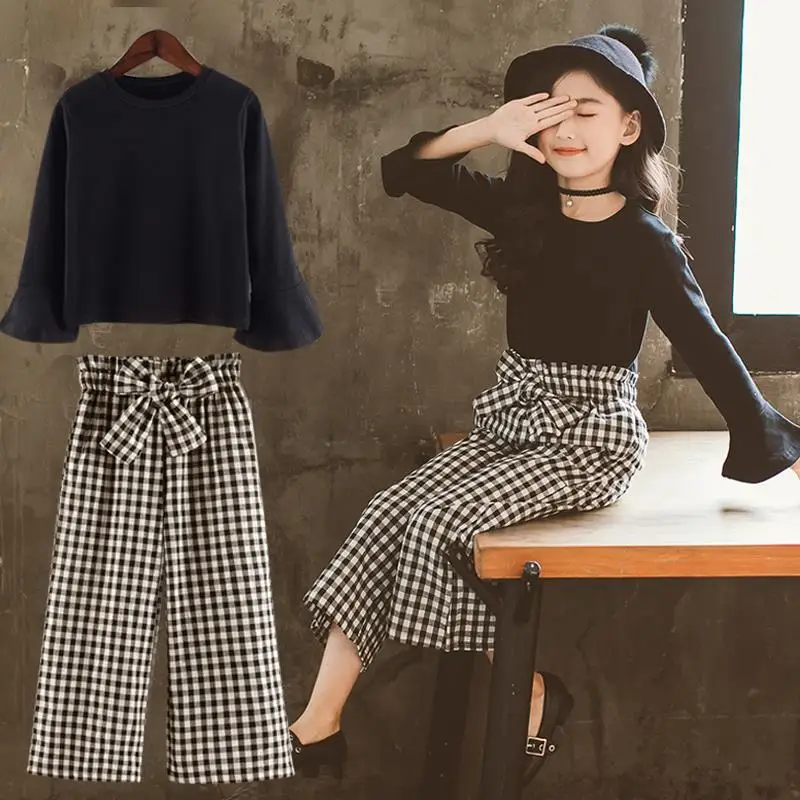 

Модель 2022 года, комплекты одежды для девочек на весну и осень, черная футболка с длинным рукавом + свободные брюки, детские комплекты одежды из 2 предметов для девочек