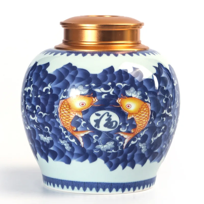 

Metal Aluminum Lid Sealed Tea Tank Blue and White Porcelain Storage Jar Retro Ceramic Candy Coffee Jar Kitchen Food Cans Decor
