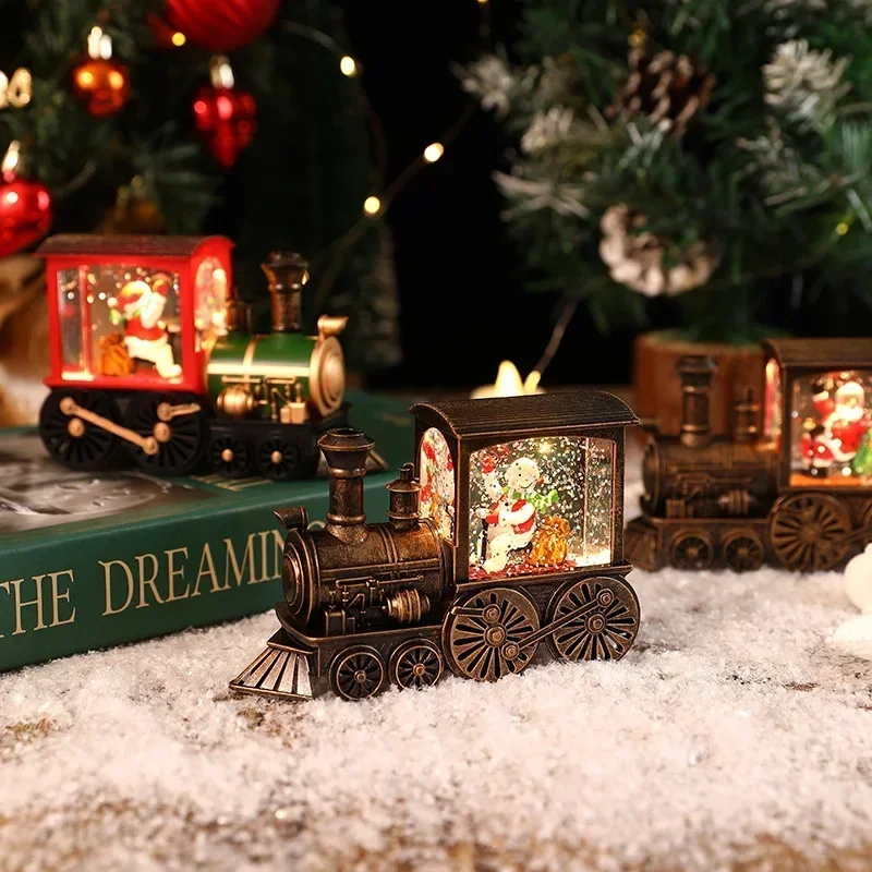 

Vintage Christmas Train Music Box Water-filled Xmas Train Ornaments with Led Light Adorable Snowman Santa Claus Desktop Decor