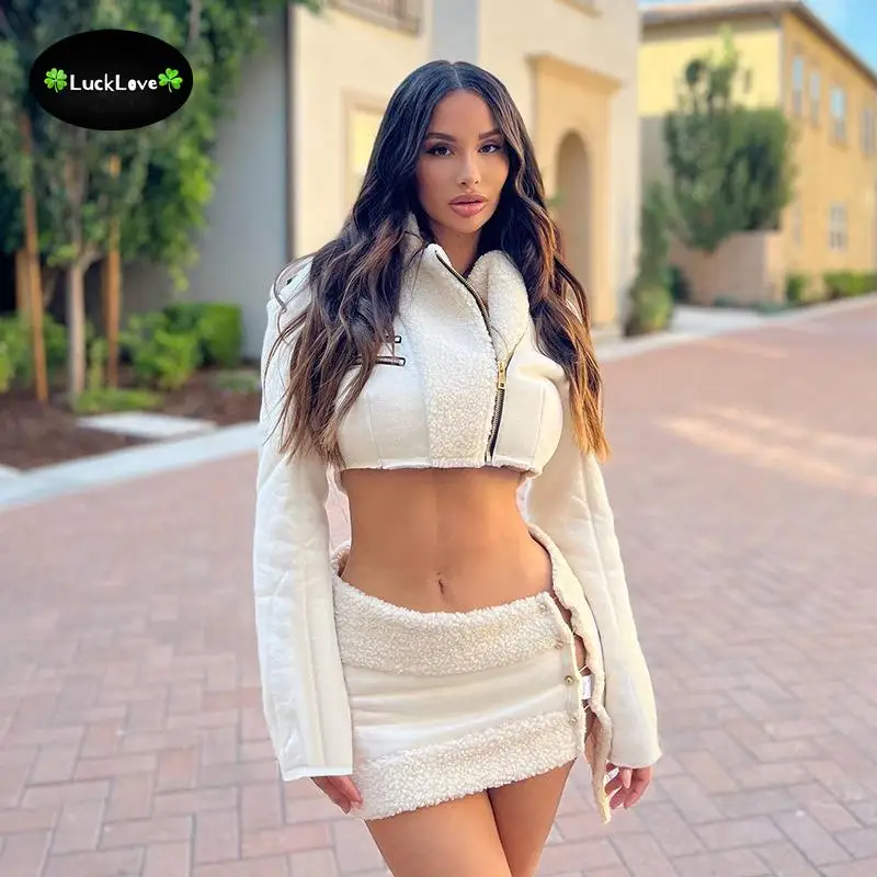 

Women Winter 2 Pieces Outfits Zipper Fur Collar Pajamas Set Long Sleeve Cropped Coat Jackets High Street Hip Mini Skirts Clothes