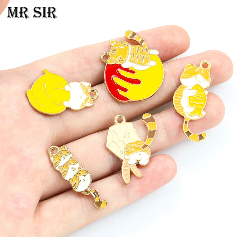

5pcs Enamel Cute Food Kitten Charm Kawaii Cartoon Funny Bread Cat Animal Metal Pendant For Jewelry Making DIY Accessories Crafts