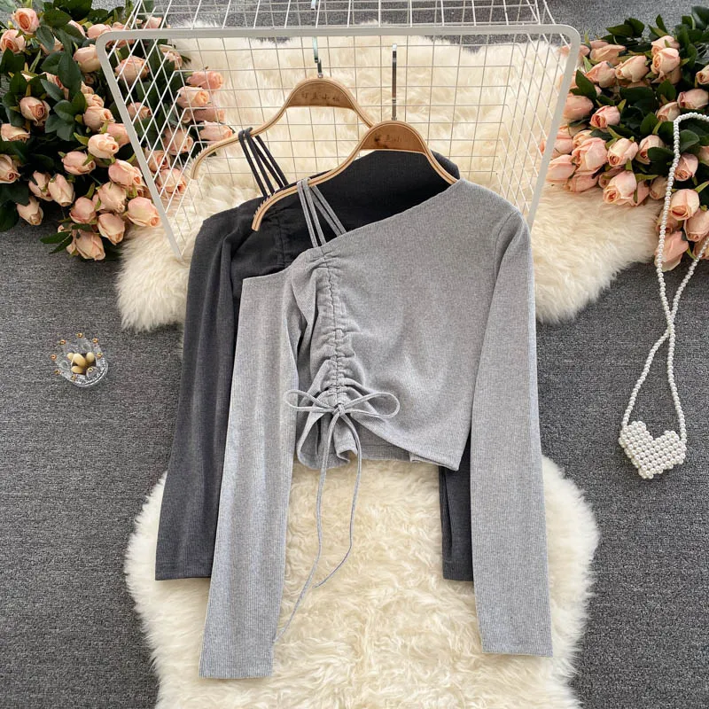 

Off Shoulder Drawstring T Shirt Sexy Pleated T-shirt Slim Tshirts Women Korean Fashion Streetwear Y2k Chic Vintage Crop Tops