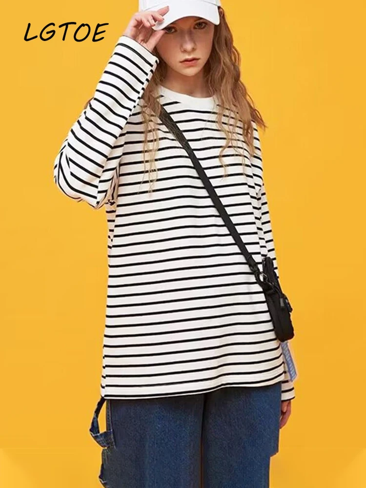 

Casual Stripe Oversized Sweatshirts Women Spring Long Sleeve Cotton O-Neck Casual T-shirt Pullovers Y2k Fashion Streetwear tops