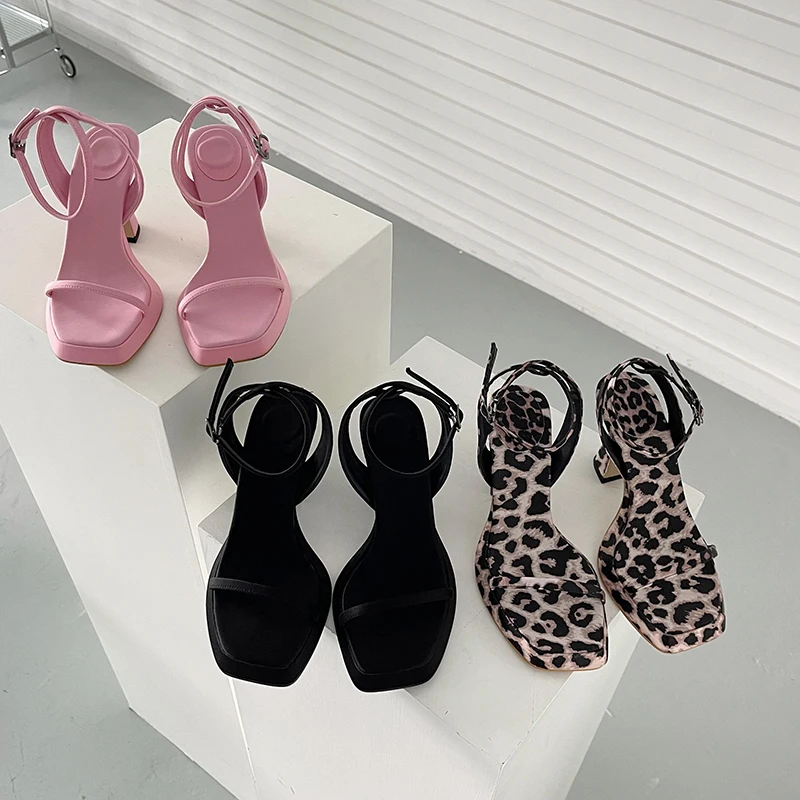 

Open Toe Women Sandals Gladiator Summer Party Sandals Slides Ankle Strap Black Pink Leopard Thin High Heels Pumps Shoes Size 41