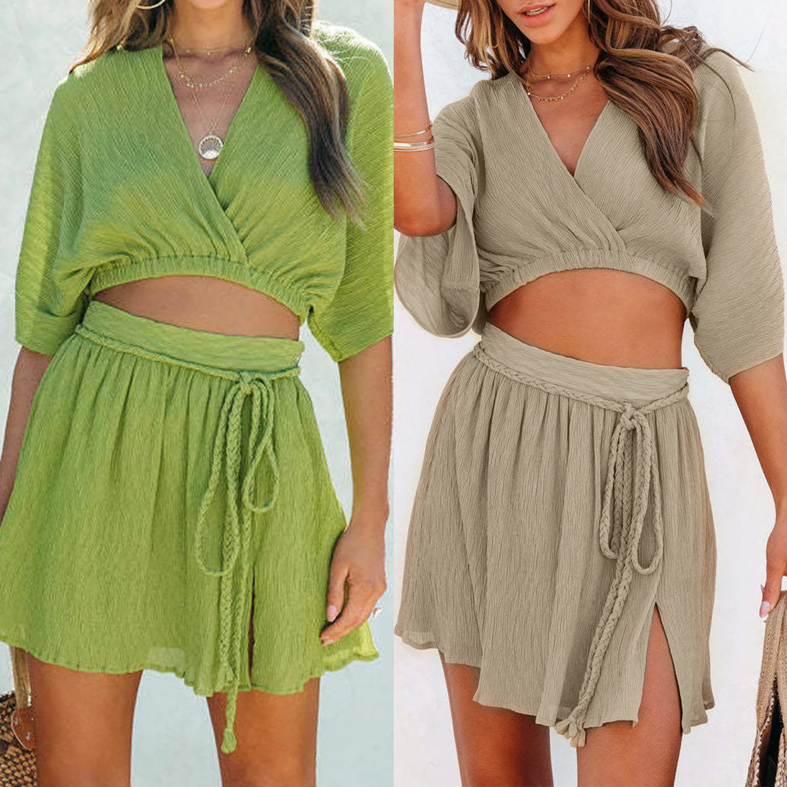 

Women Crop Top+Split Skirt Cross V-neck Sleeve Short Top+Skirt Bat Sleeve 2 Piece Fashion Simple Solid Color Party Club Outfits