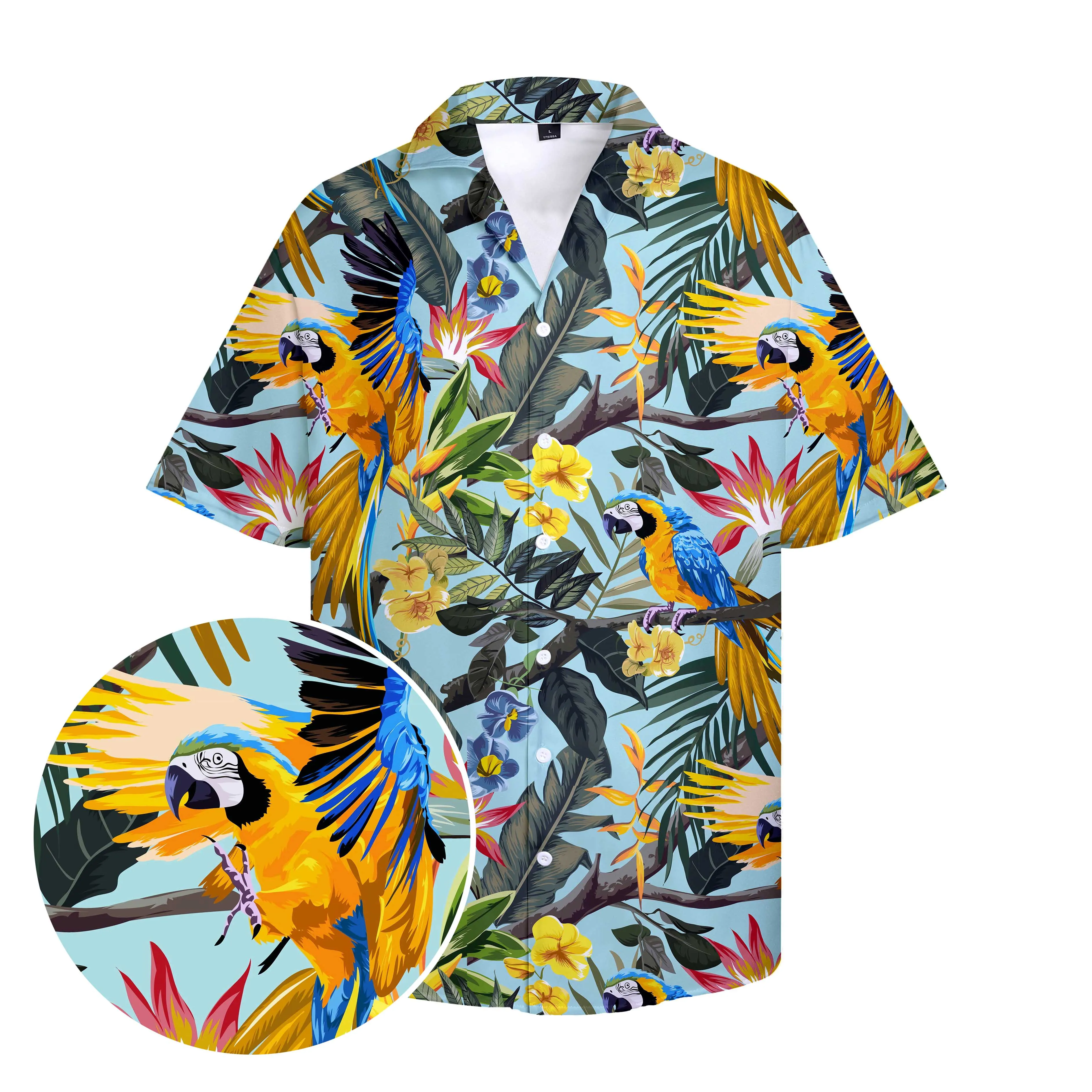 New Men's Shirts Hawaiian Island Style Parrot Casual Tops Flowers Printed Clothing y2k Button Down Shirts Plus Size