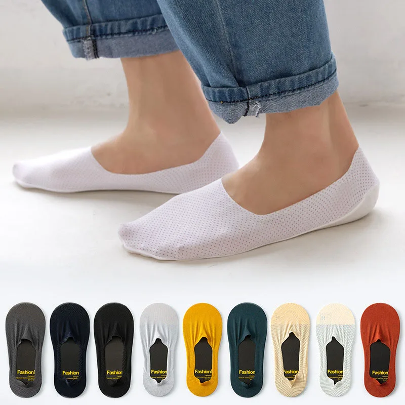 

Invisible Mesh Ice Silk Summer Ice Silk Socks Men's Boat Socks Hollow Breathable Anti Slip Ultra-thin Solid Casual Cotton Socks