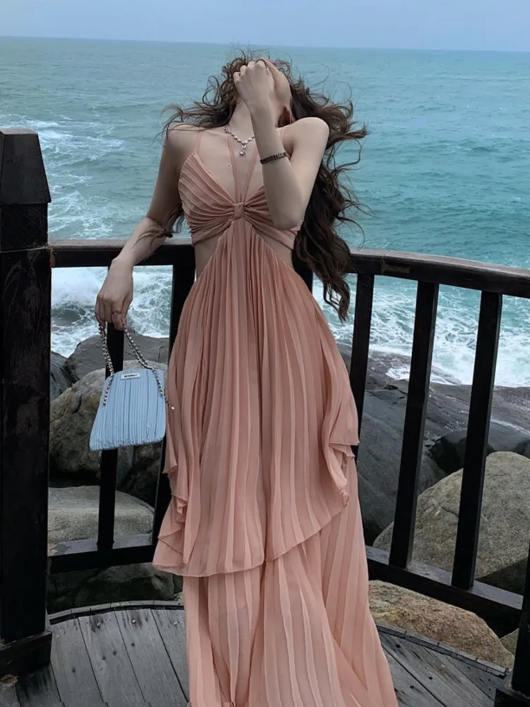 

Summer New Fashion Women Sexy Pleated Boho Long Dress Vacation Beach Strap A Line Ladies Robe 2023 Sundress Summer Dress