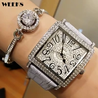 women watch full diamond genuine leather strap rectangle square case female iced out stone dial quartz wristwatch female clock