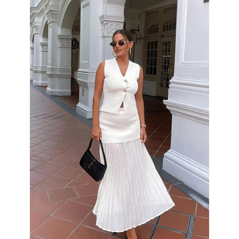 Женский костюм-двойка повседневный модный вязаный жилет без рукавов с v-образным