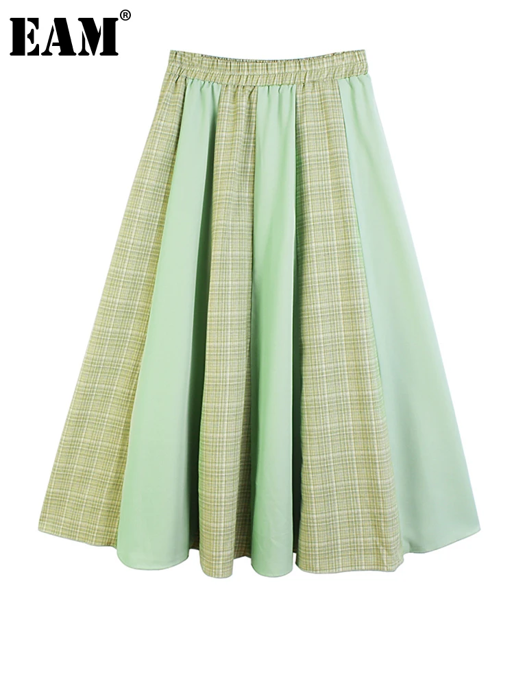 

[EAM] High Elastic Waist Green Pleated Plaid Casual Long Half-body Skirt Women Fashion Tide New Spring Autumn 2022 1DE8039