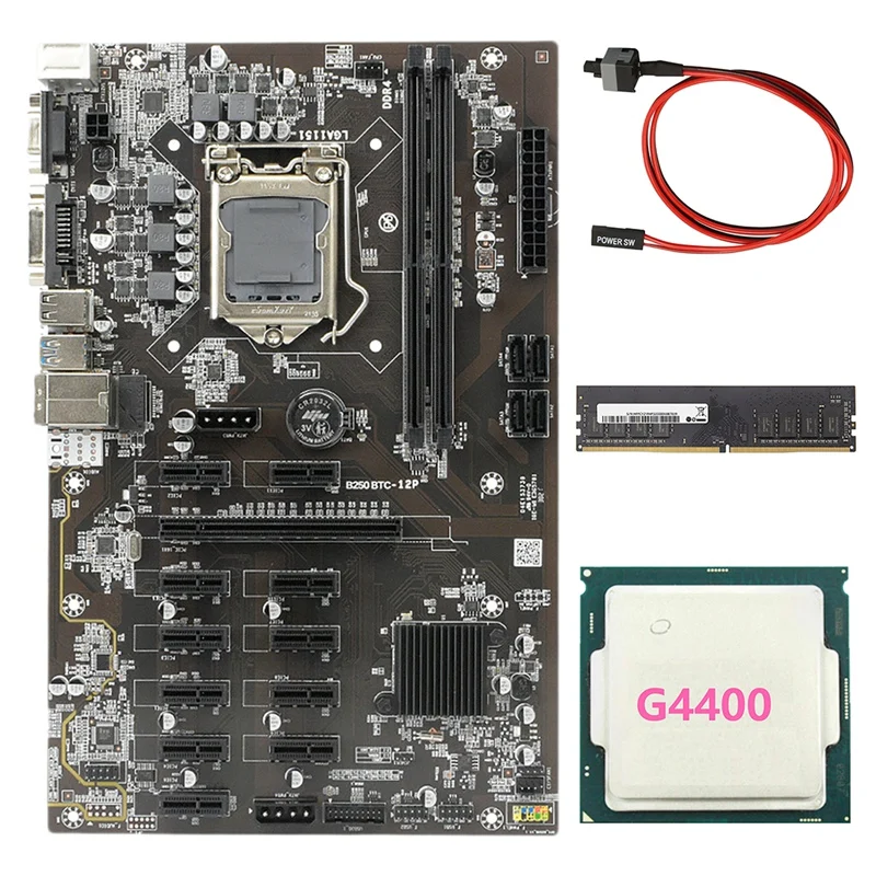 

BTC-B250 Mining Motherboard Supports 12 GPU LGA1151 +G4400 CPU+DDR4 8G 2133MHZ Memory Stick + Switch Line