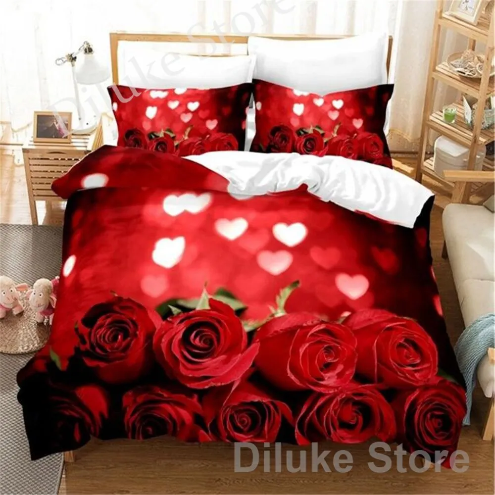 

Комплект постельного белья с цветочным рисунком красной розы, пододеяльник, наволочка, одеяло, свадебное постельное белье для пары, Королевский односпальный Размер