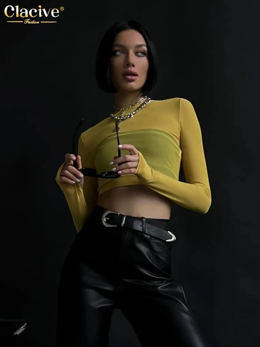 

Clacive, облегающие желтые женские футболки, сексуальный женский топ с круглым вырезом, элегантный тонкий прозрачный кроп-топ, женская одежда ...