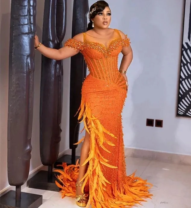 

Orange African Prom Dresses Mermaid Off The Shoulder Feather Pearls Slit Black Girls Nigeria Robe De Soiree Evening Dresses Gown