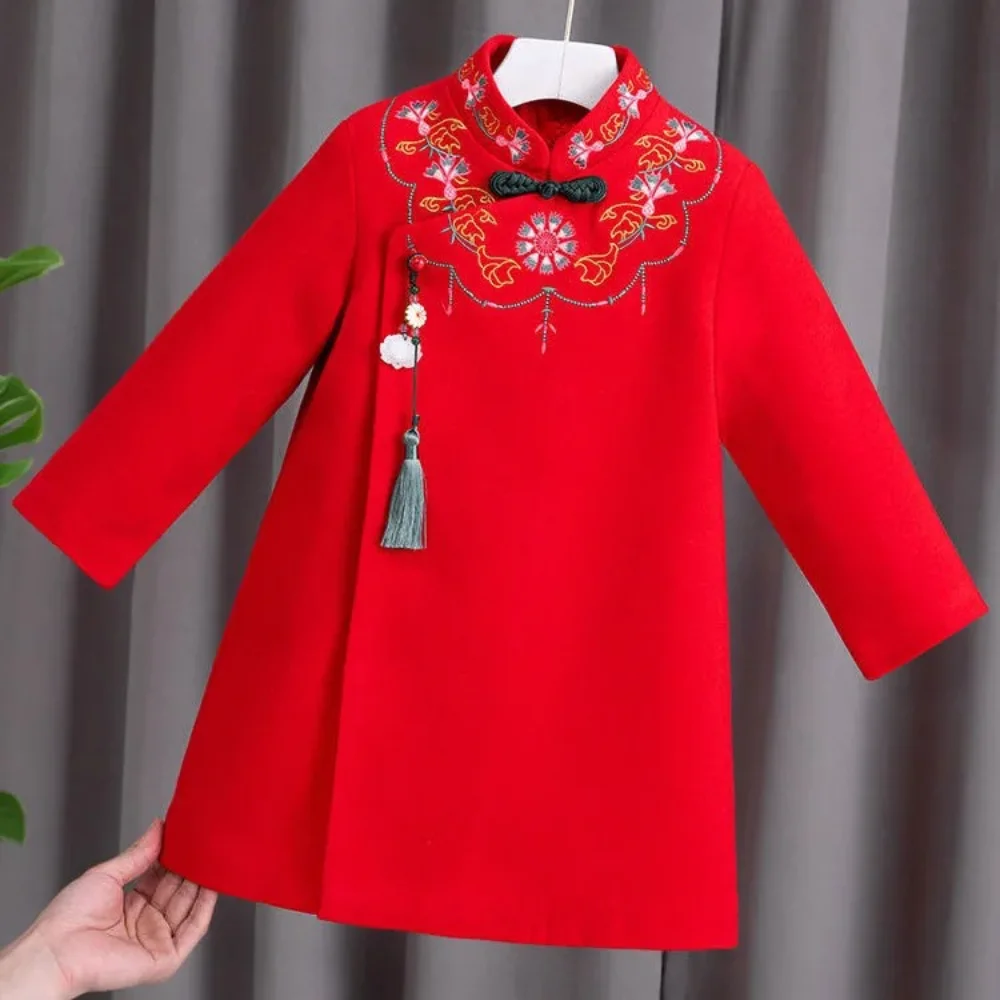 

2023 Новогоднее китайское традиционное платье Qipao с цветочной вышивкой для девочек, Детский костюм Тан, детская одежда, плотный Чонсам ханьфу
