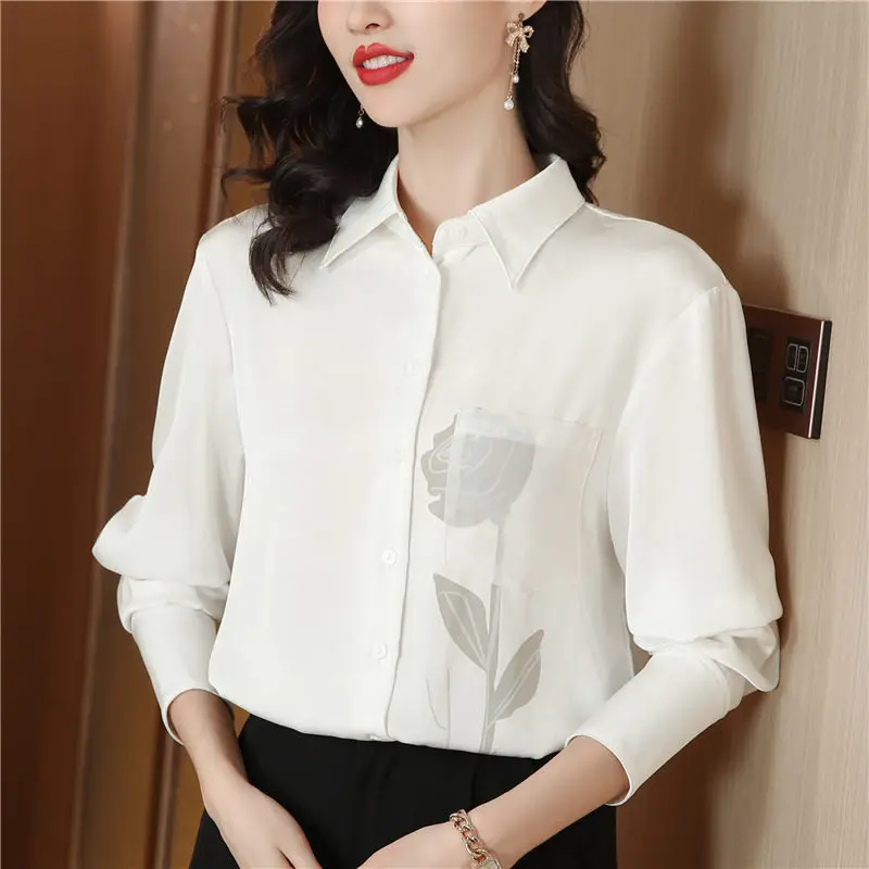 

2023 New Poplin Summer Women's Blouse Casual Fashion Simplicity Tops Flower Print Long Sleeved Lapel Collar Shirt