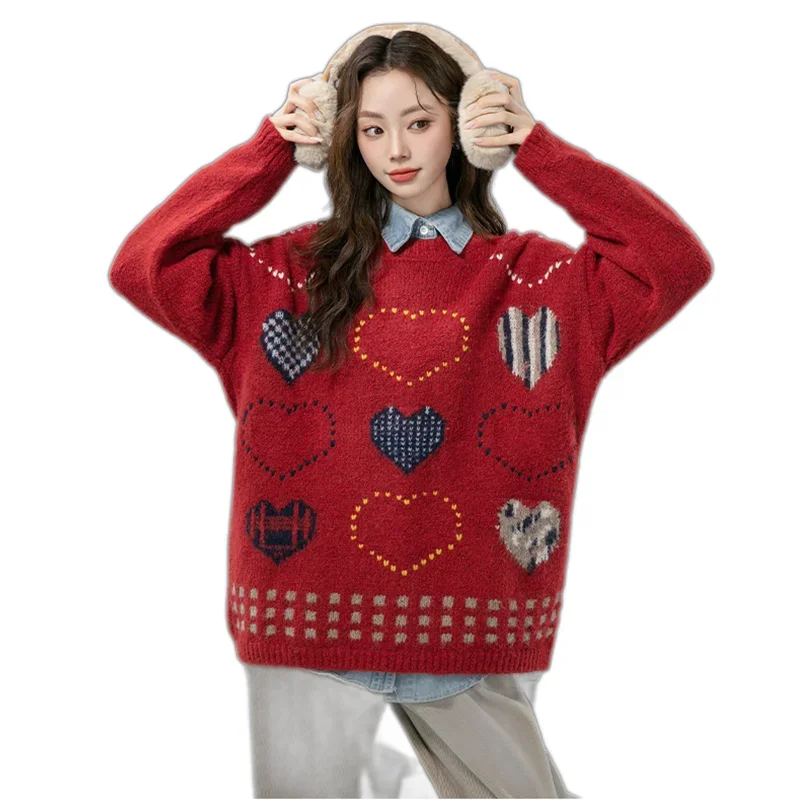 Новинка 2024 осенне-зимний женский свободный красный пуловер свитер высокого