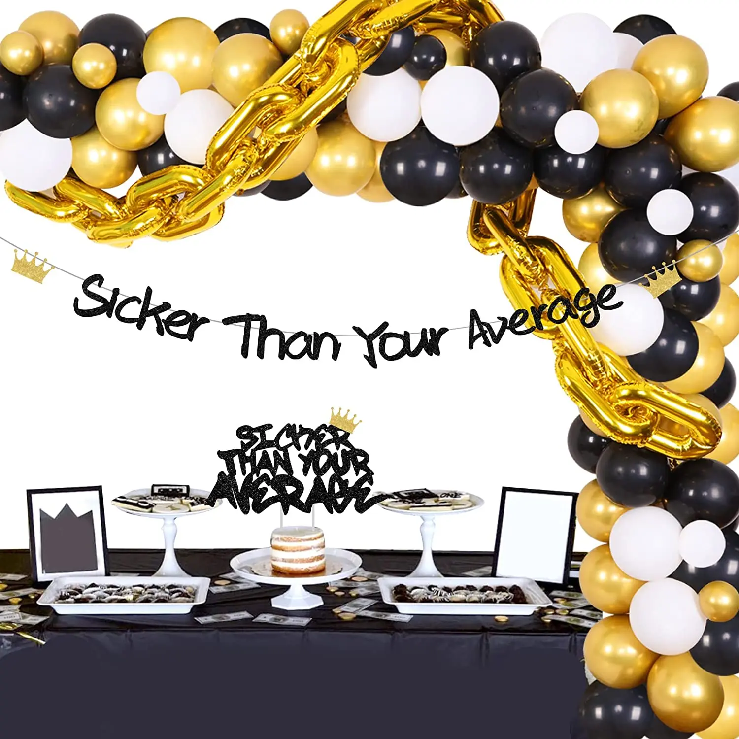 

Hip Hop Birthday Party Decoration Supplies Black and Gold Balloon Chain Kit with “Sicker Than Your Average” Banner Cake Topper