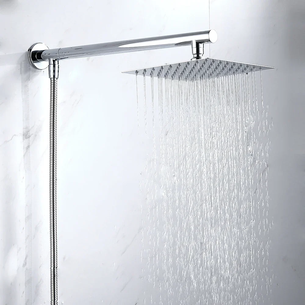 

21M Juego de grifo de ducha cromado montado en la pared, cabezal de ducha cuadrado ultrafino de 8 ", brazo de ducha de acero