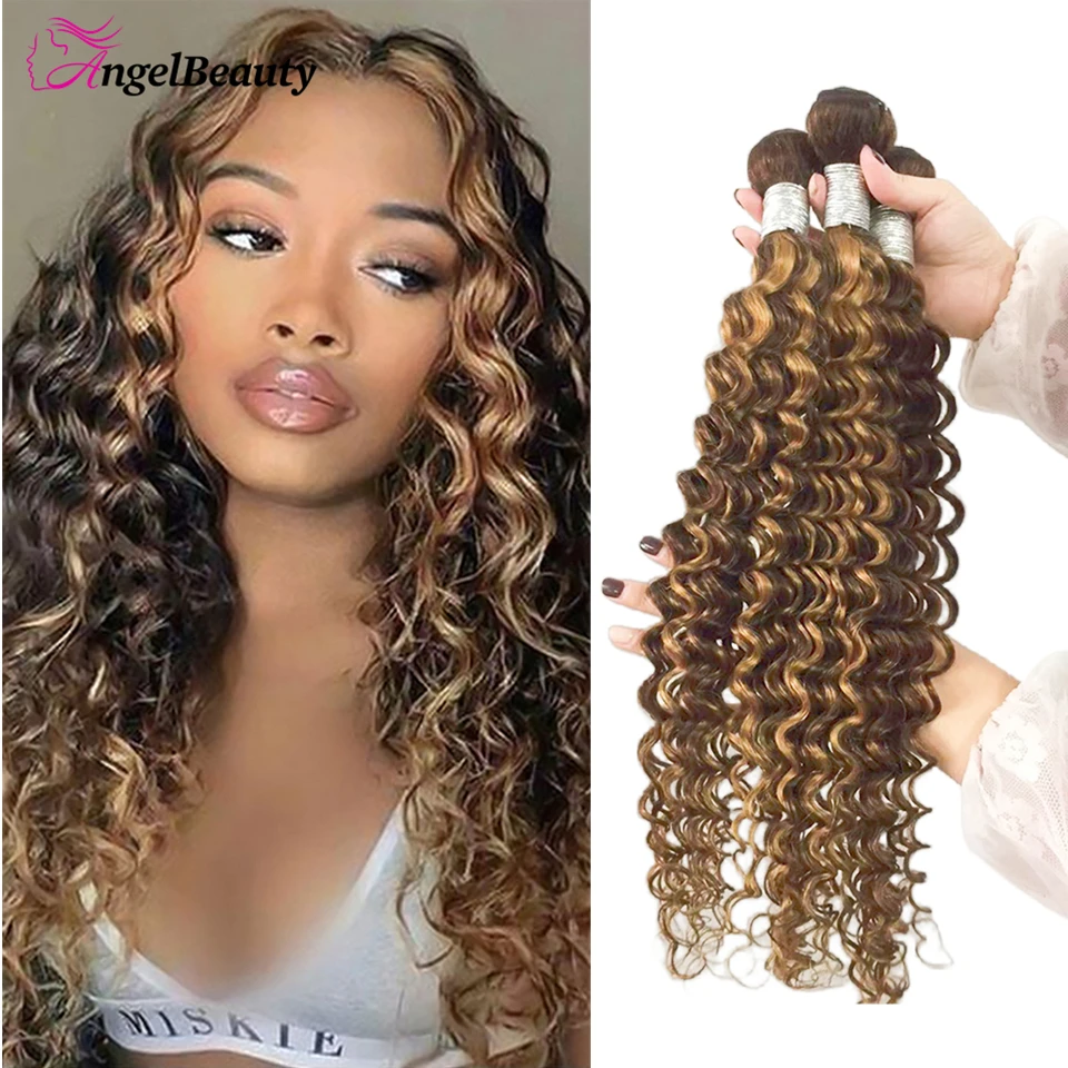 30 32 Inches P4/27 Highlight Deep Wave Bundles Ombre Human Hair Bundles Extensions Blonde Brazilian Weave 1 3 4pcs Remy 10A Hair