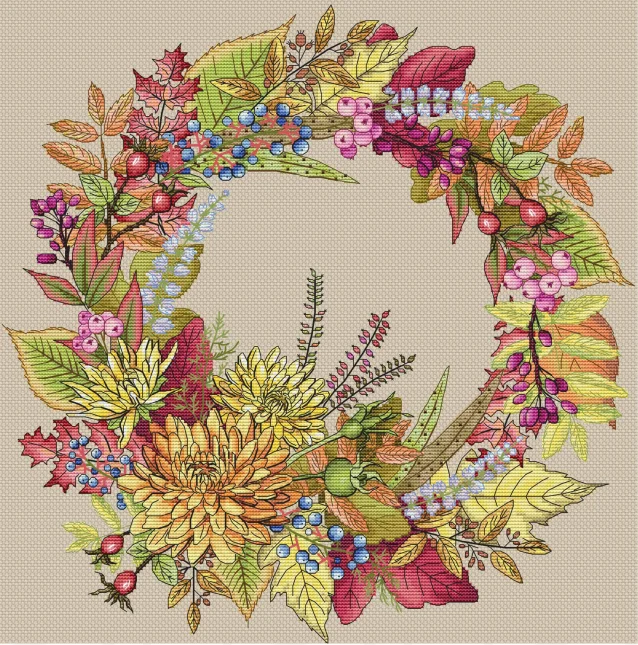 

Cross stitch Kit 14CT 18CT 25CT Canvas Cross Stitch DIY Embroidery Set DMC Threads autumn Berry Garland 46-46